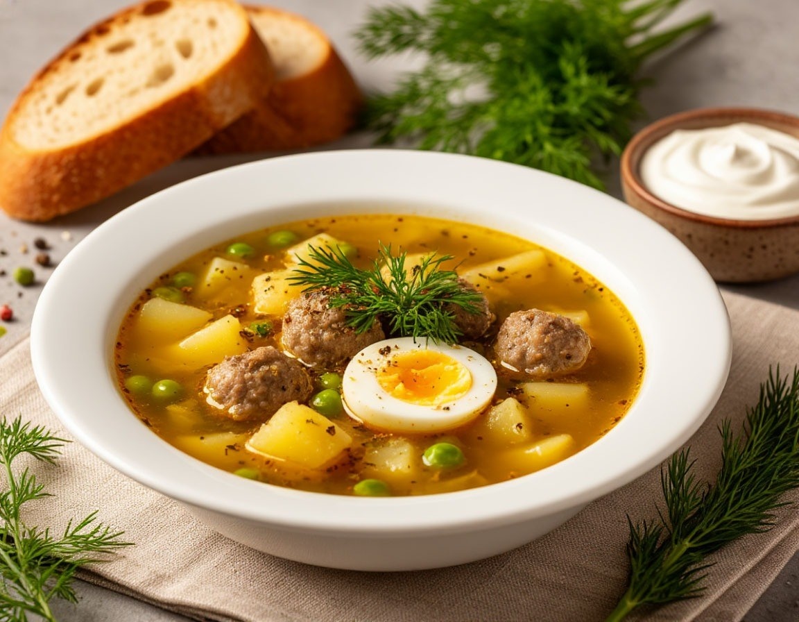 Суп с фрикадельками с сыром, горошком и яйцом