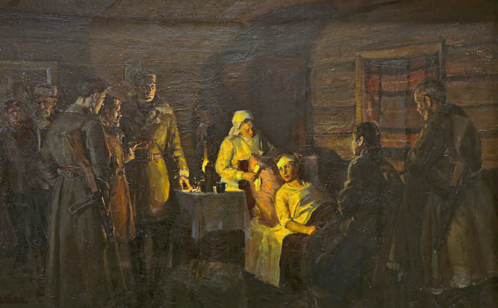 "Партизаны возле раненой Риммы Шершнёвой" – полотно живописца Юзефа Пучинского.