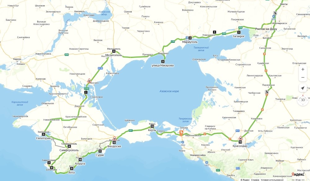Маршрут (фрагмент М4 до Ростова условно не показан)