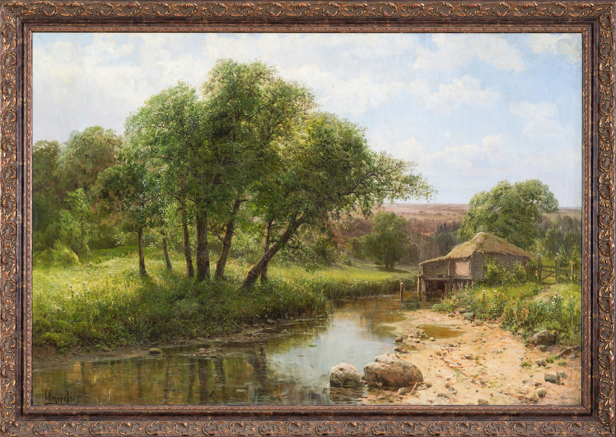 Домик у реки, конец ХIХ - начало ХХ вв., материалы: холст, масло, размеры: 94,3 х 137,2 см. Источник: https://sovcom.ru