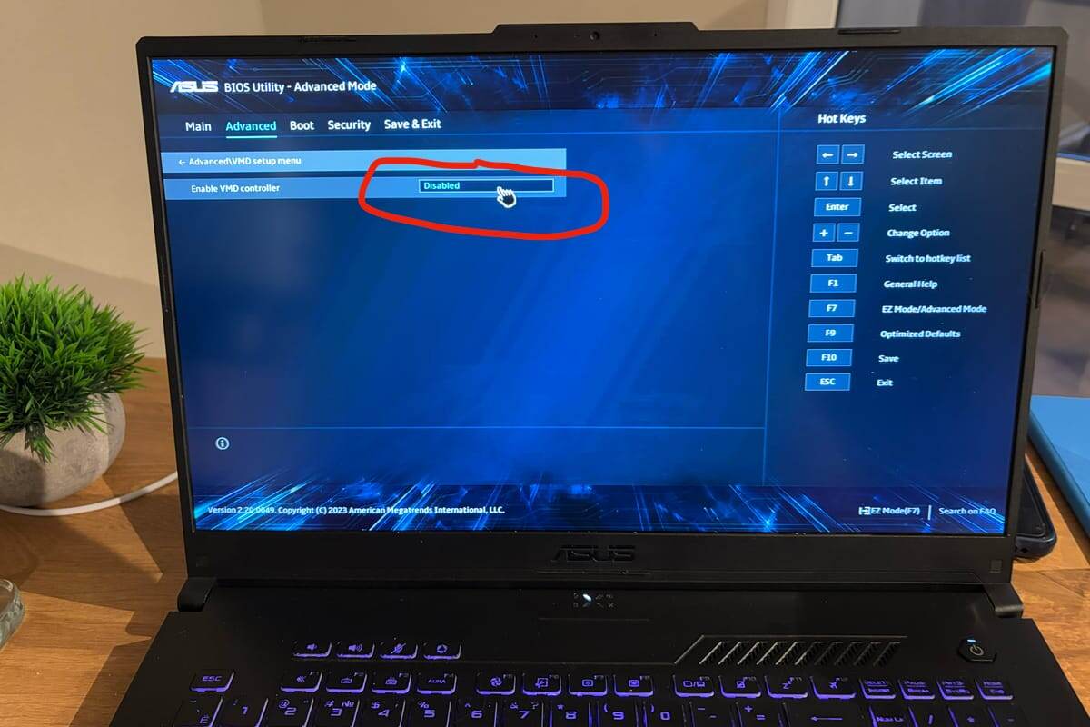 Отключение функции VMD (Volume Management Device) на ноутбуке ASUS TUF