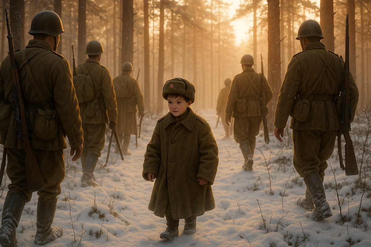 Сергей Алёшков идёт в строю среди солдат, в слишком большой гимнастёрке. У него нет оружия — только глаза, в которых больше войны, чем у многих взрослых