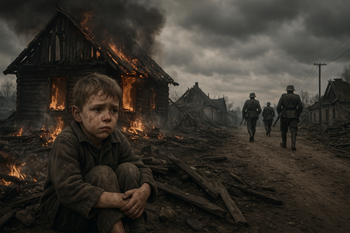 Ребёнок на пепелище: мать расстреляна, брат убит, дом сожжён. Всё, что у него есть — тишина и страх