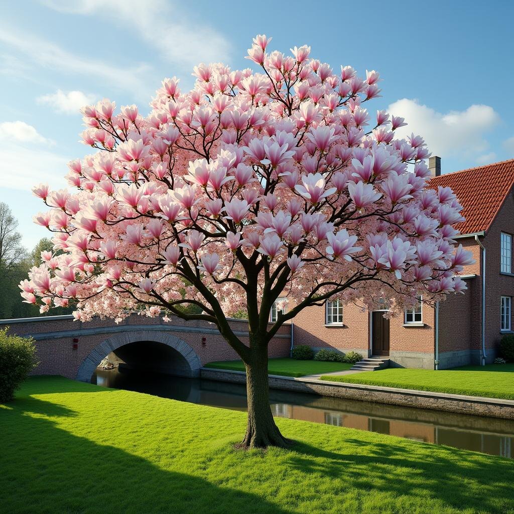 Цветущая магнолия у немецкого дома. Изображение сгенерировано при помощи ИИ