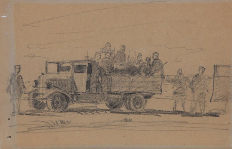 Осенев Николай Иванович, "На грузовике", рисунок, 1942-1944