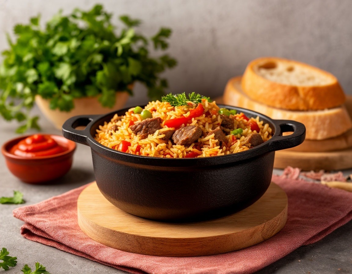 Плов с бараниной в казане на плите
