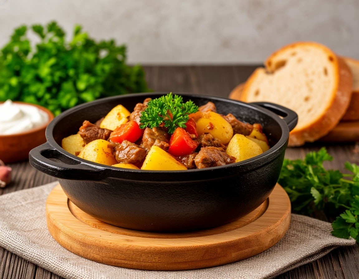 Жаркое с картошкой и мясом в казане на плите
