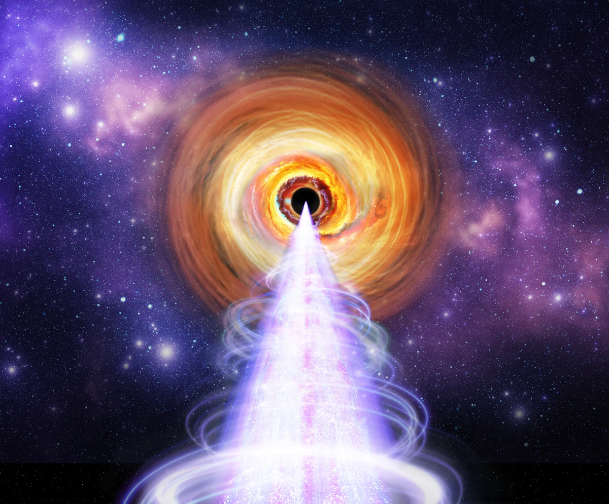 Эта концепция художника изображает центральную область блазара BL Lacertae, сверхмассивной черной дыры, окруженной ярким диском и струей, направленной к Земле. Центральная черная дыра галактики окружена завихрениями оранжевого цвета разных оттенков, представляющими аккреционный диск материала, падающего к черной дыре. Хотя черные дыры известны тем,    
что притягивают материал, этот процесс аккреции может привести к выбросу струй электронов со скоростью, близкой к скорости света. Струя материи представлена ​​конусом света,         который начинается в центре черной дыры и расширяется по мере достижения нижней части изображения. Она испещрена линиями белого, розового и фиолетового цветов,                 которые представляют собой спиральные магнитные поля. Мы можем наблюдать эти струи        во многих длинах волн света, включая радио, оптические и рентгеновские лучи.                 Недавно исследовательский рентгеновский поляризационный аппарат NASA Imaging X-ray Polarimetry Explorer (IXPE) сотрудничал с радио и оптическими телескопами, чтобы наблюдать   эту струю и определить,   как рентгеновские лучи генерируются в этих типах небесных сред.