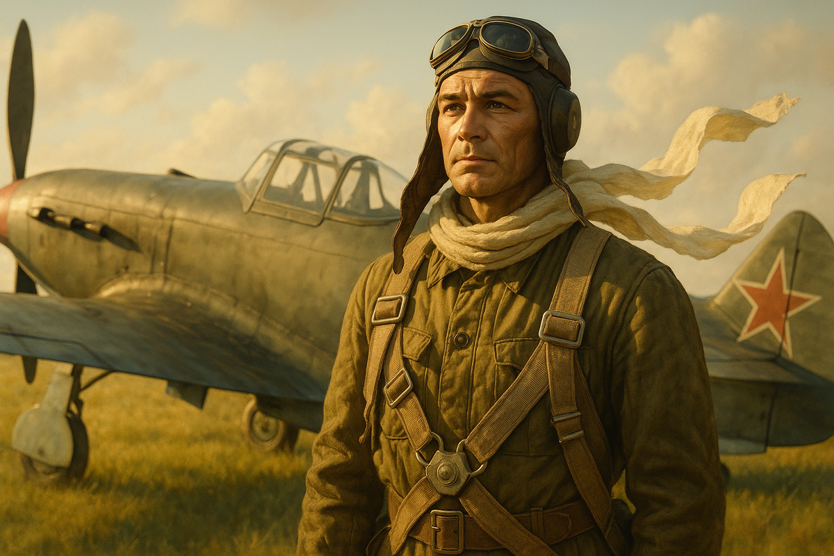 Маресьев у самолёта, уже после всего. Лицо спокойное, уверенное. Он сделал невозможное — и остался человеком