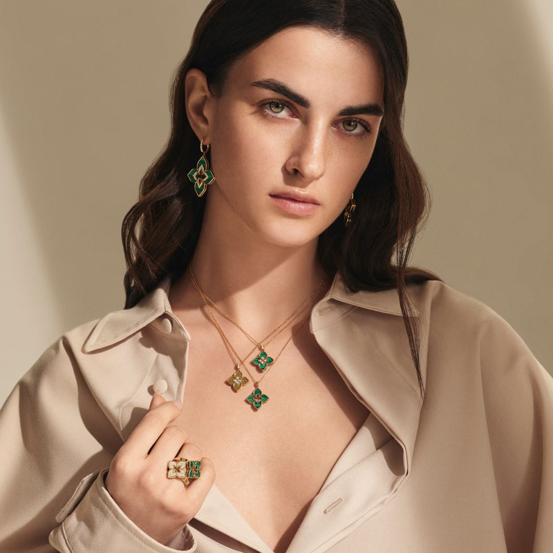 Украшения Roberto Coin Venetian Princess из желтого золота с малахитом, бриллиантами и рубинами