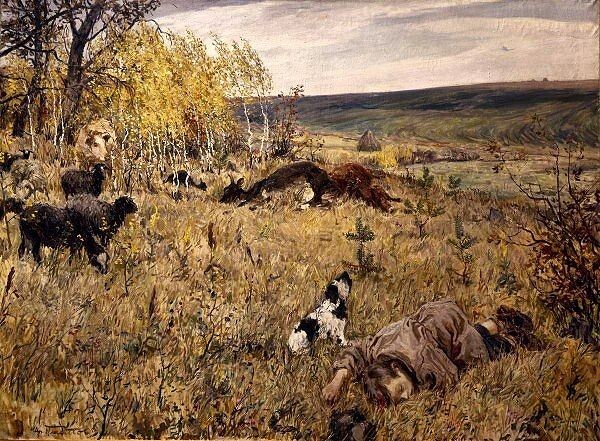 Пластов А. А.: Фашист пролетел, 1944Холст, масло. 134,5 х 181см Русский музей