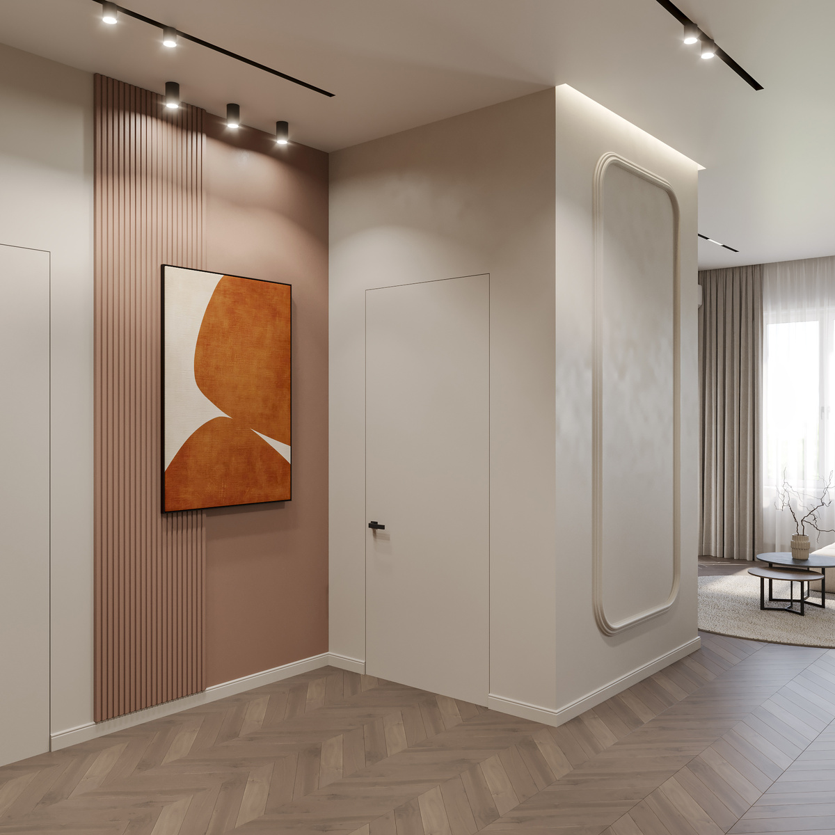 Коридор. Оснойвной фон -60%, дополнительный -30%, акцент в виде картин-10%