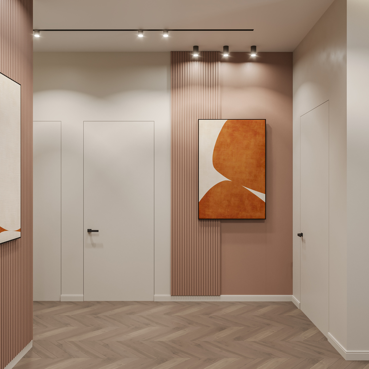 Коридор. Оснойвной фон -60%, дополнительный -30%, акцент в виде картин-10%