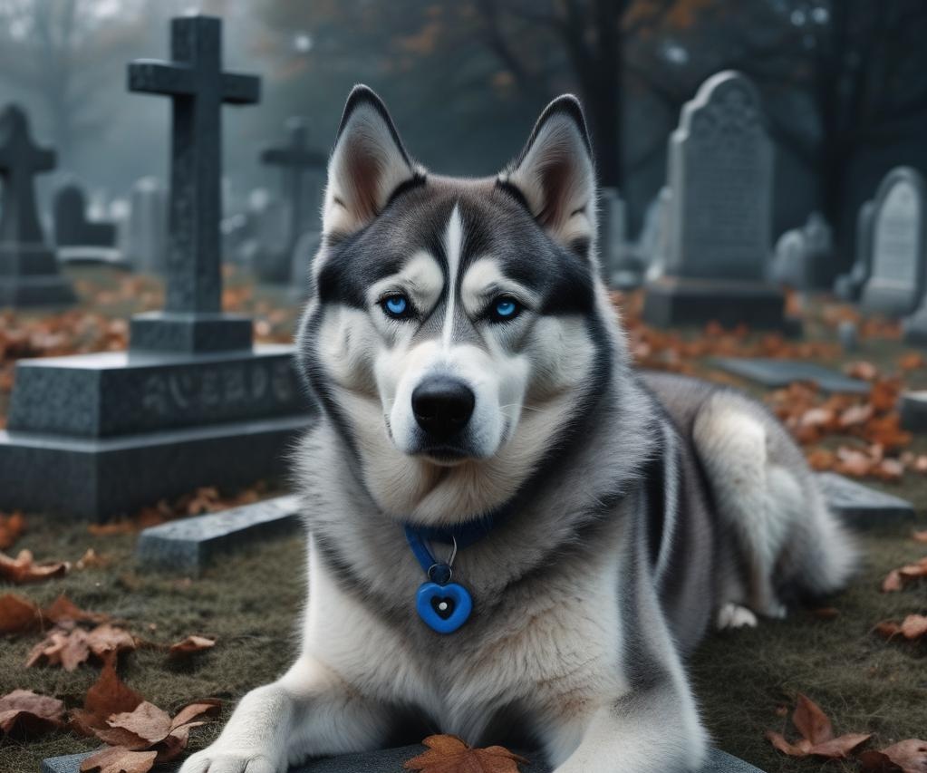 Хаски на кладбище.