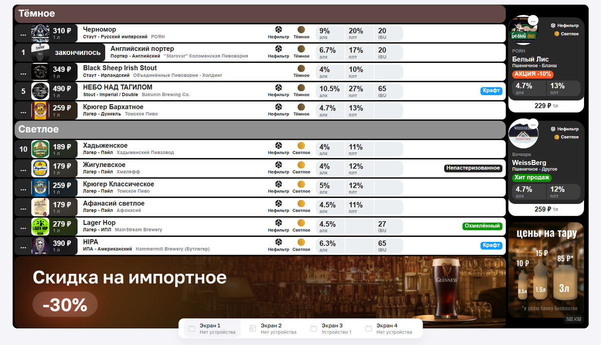Некоторые шаблоны отображения пивного меню