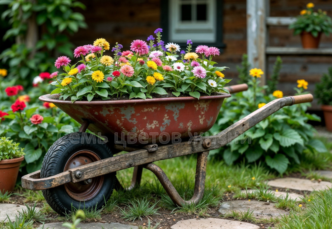 Клумба из старой тачки: просто, уютно и со вкусом