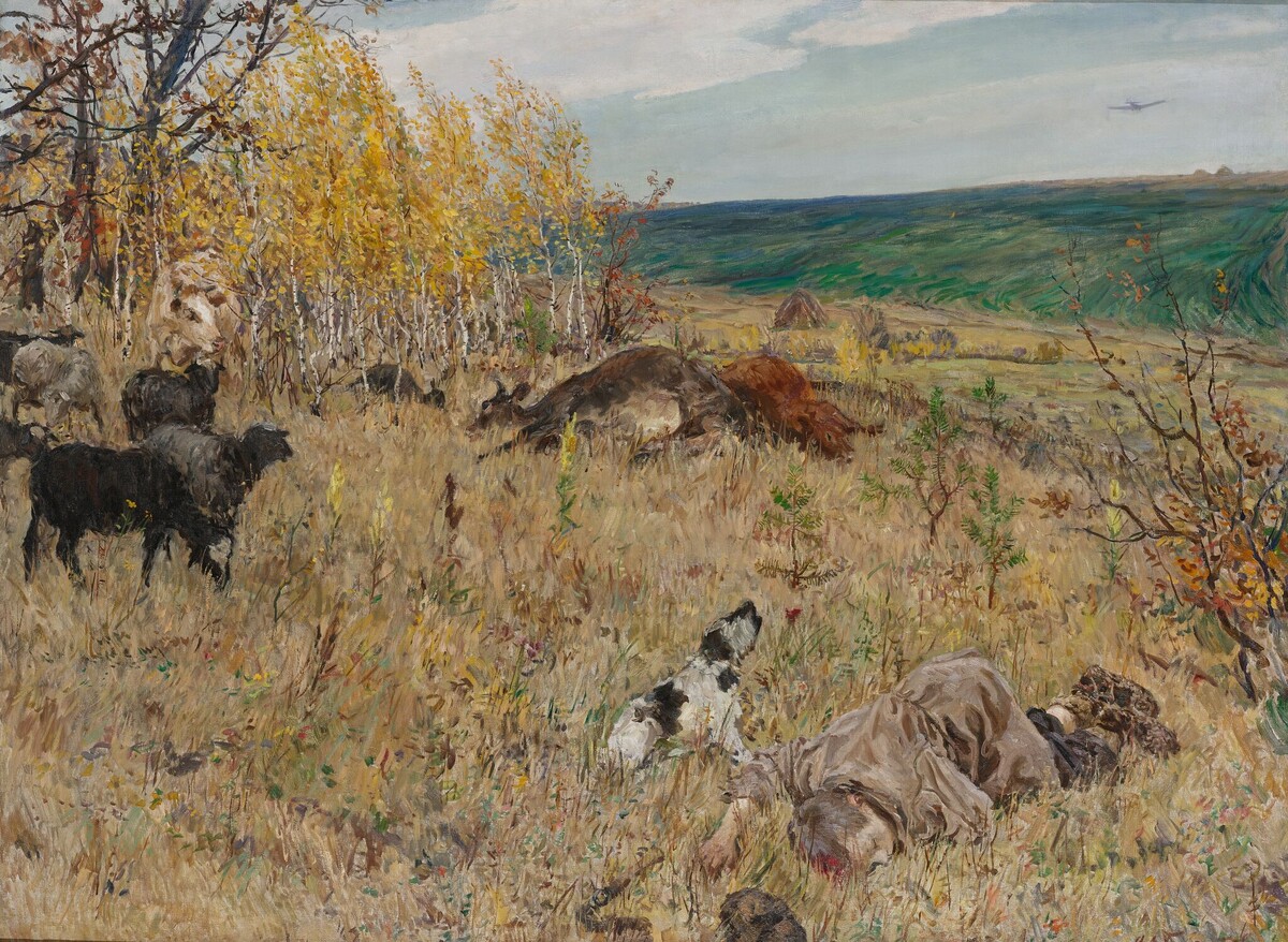 Аркадий Пластов. Фашист пролетел. 1942. Холст, масло.
Государственная Третьяковская галерея