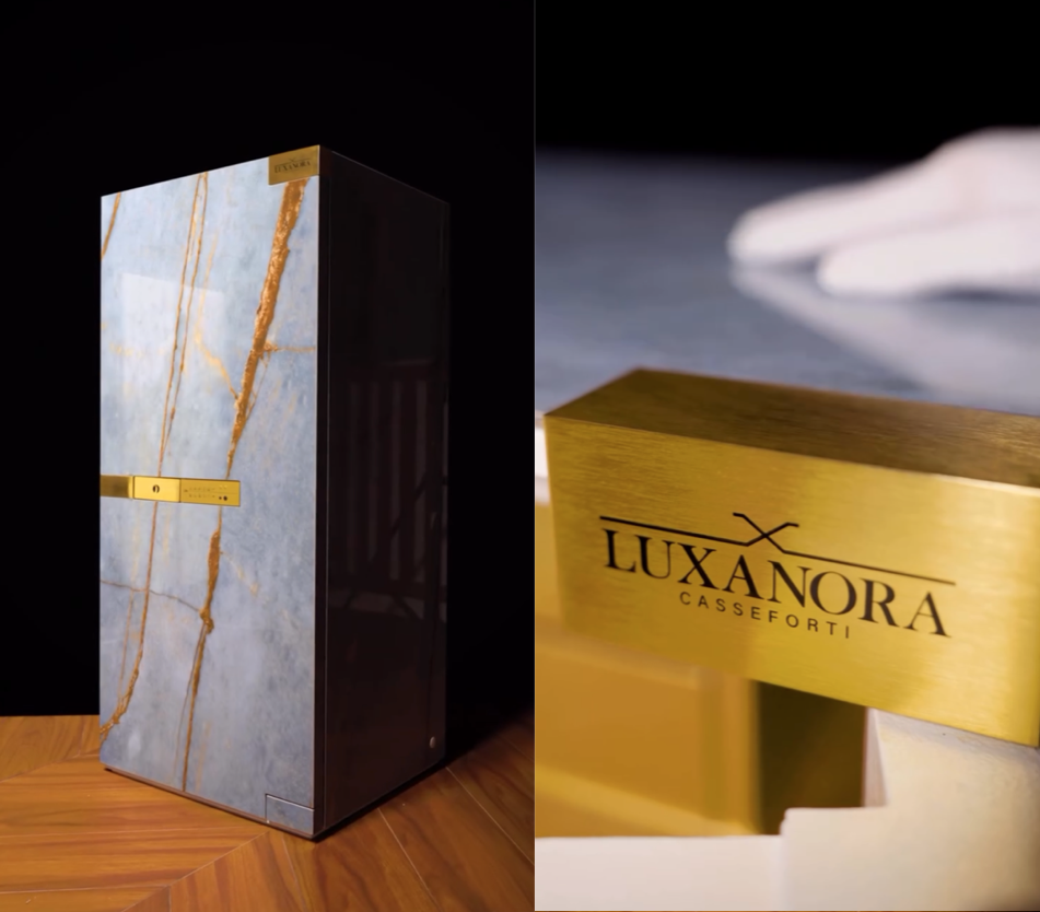 Сейф Brixia 6 в дизайнерском исполнении с мраморными панелями в сочетании с золотыми элементами – серия Luxanora Veneziana (Италия – Дубай)