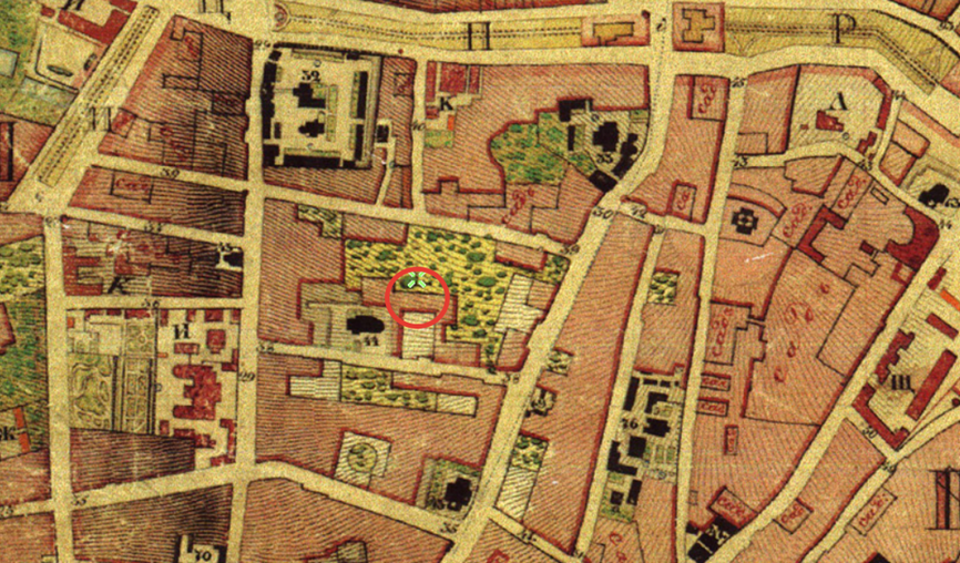 Топографический план Москвы. Фрагмент. Период создания: 1838 г. Красным цветом обозначено местоположение Объекта. Источник: http://www.etomesto.ru/map-moscow_1838/?y=55.763890&x=37.626934