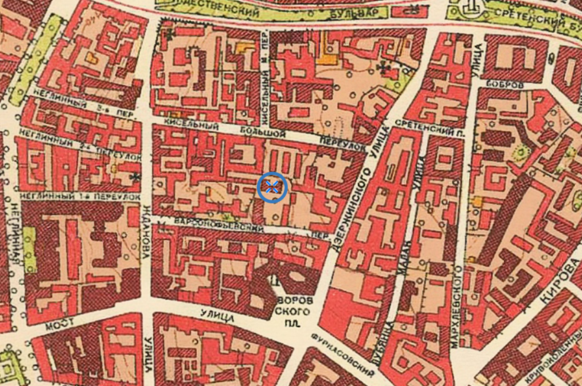 Карта Москвы 1952 года Мосгоргеотреста. Фрагмент. Синим цветом обозначено местонахождение Объекта.  Источник: http://www.etomesto.ru/map-moscow_1951/?y=55.763858&x=37.626826