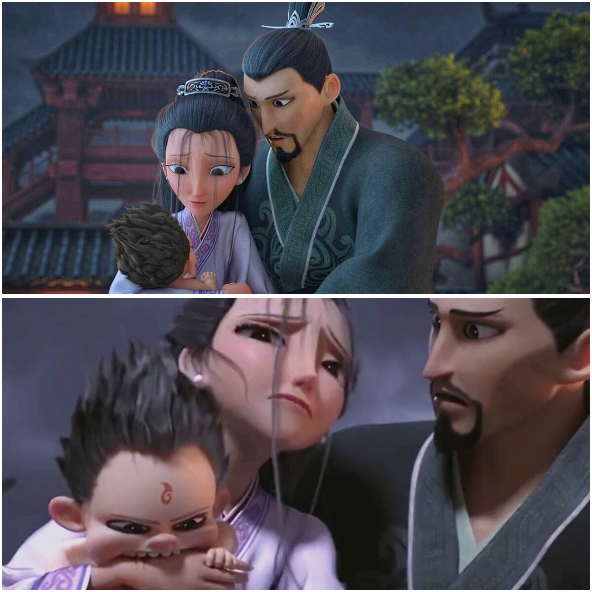 Вот такое чудо родилось на свет. Маленький Нэчжа со своими родителями (коллаж автора, фото из открытых источников в интернете) 