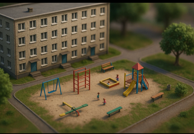 Создано по этому промту в ChatGPT: "Трёхмерная модель диорамы в стиле тилт-шифт детская площадка во дворе хрущёвки"