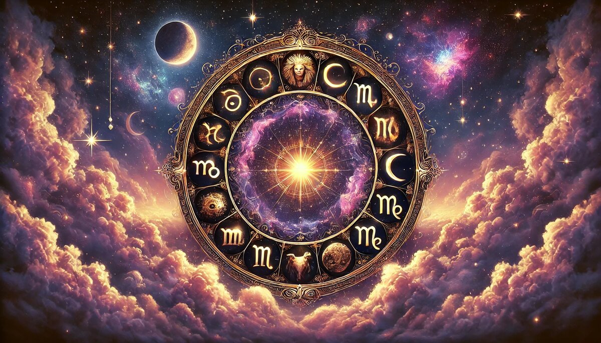 Зодиакальный круг с 12 знаками на фоне космоса и сияющего утреннего неба