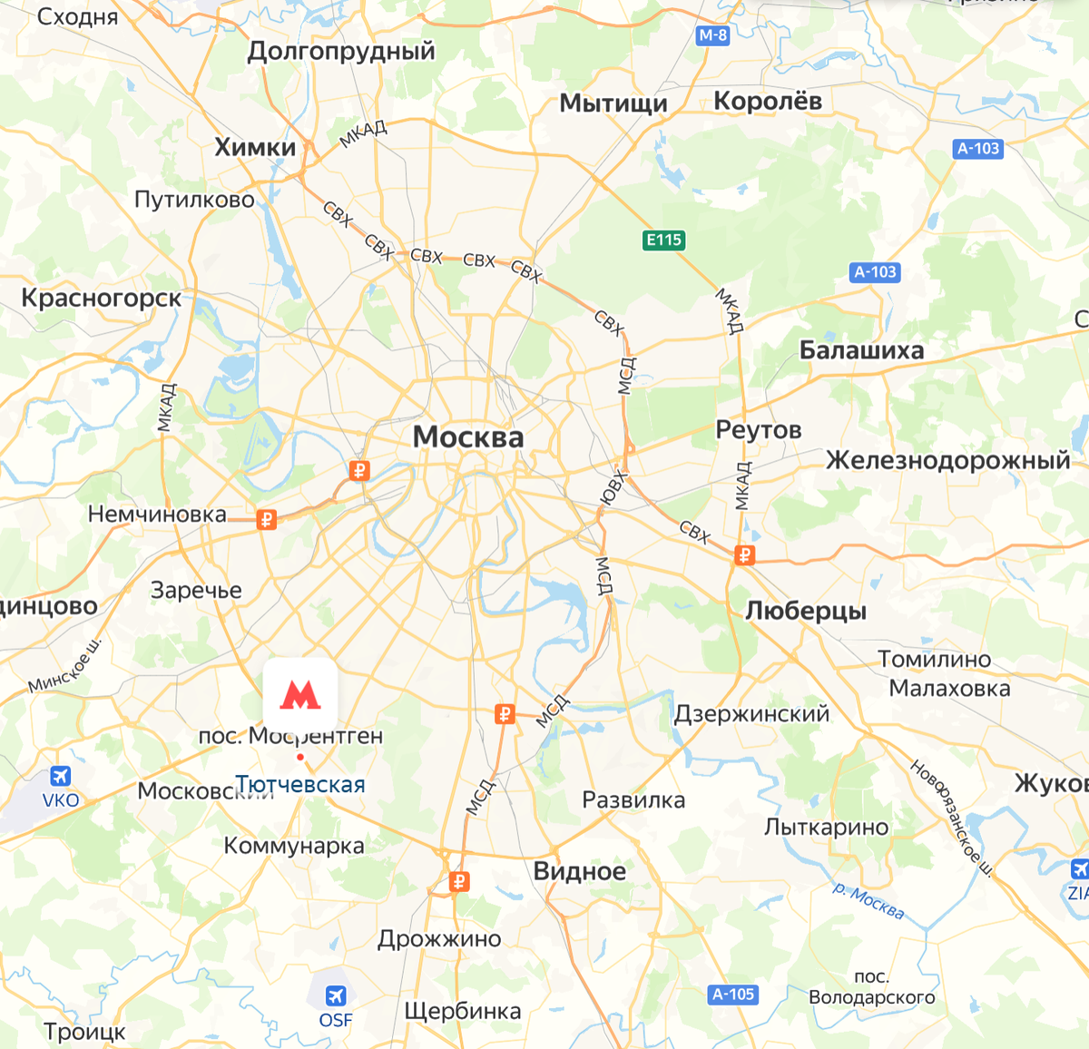 Фото 1. Станция "Тютчевская" Троицкой линии на карте. Как видите, она уже почти в исторических границах Москвы.