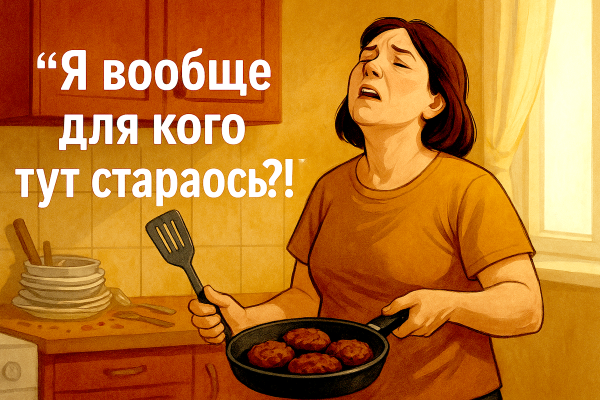 Женщина средних лет в ярко-оранжевой футболке стоит на кухне с сковородкой в руках. На лице — усталость и лёгкая досада. Она будто спрашивает вслух: «Для кого я это всё делаю?» — и не находит ответа.