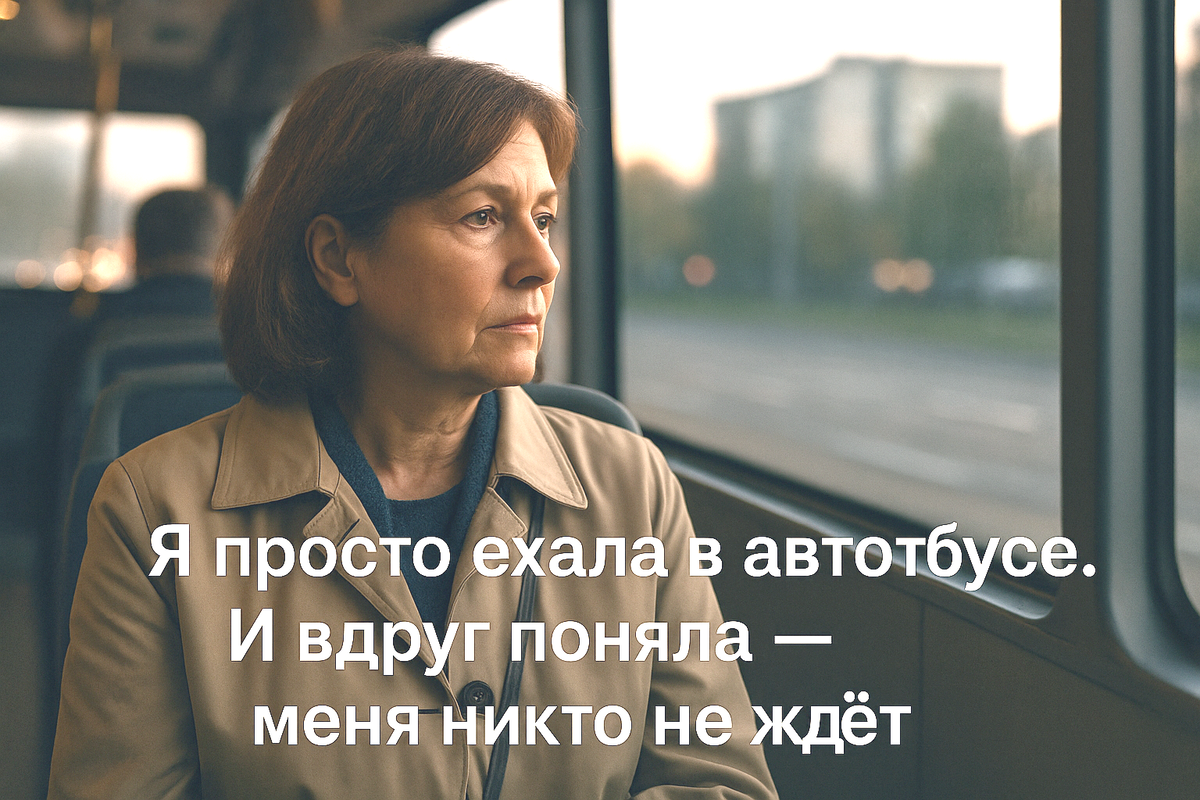 Женщина 50+ едет в автобусе, смотрит в окно, её взгляд наполнен размышлениями. За окном — городские улицы в вечернем свете. Атмосфера тихой тоски и надежды на внутреннее возвращение к себе.