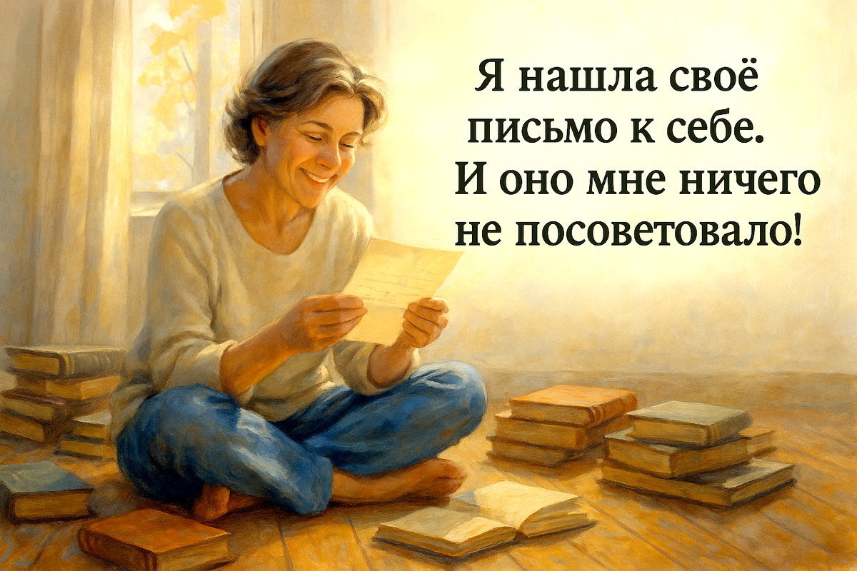 Женщина 50+ сидит на полу среди старых книг, держит в руках пожелтевшее письмо. На лице — улыбка и тёплая ностальгия. За окном — осенний свет. Атмосфера возвращения к себе через лёгкую иронию.