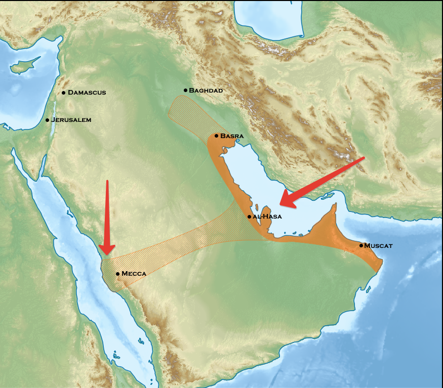 Царство карматов в 10 веке справа, Мекка слева