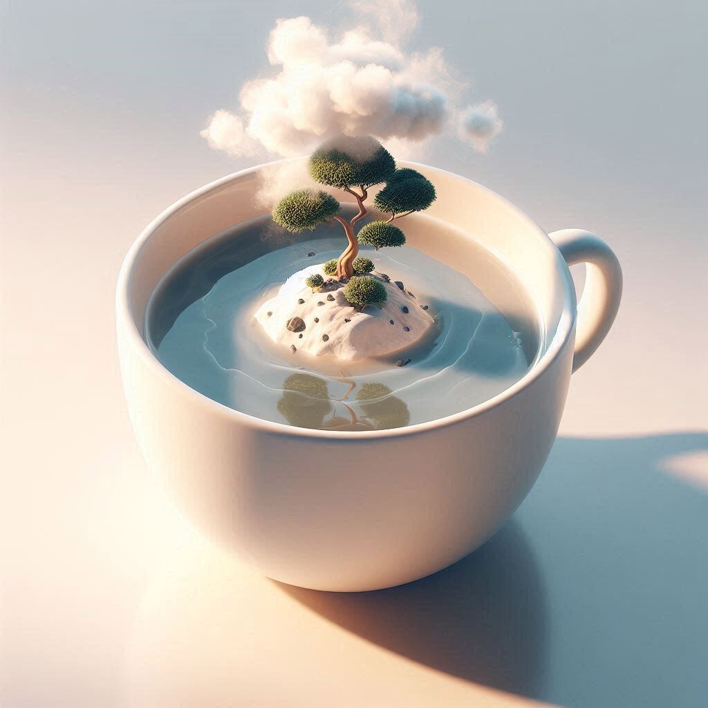 Крошечный плавучий остров внутри кофейной чашки