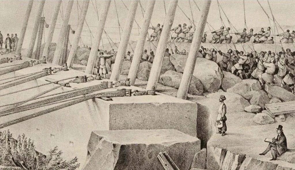 перевозке этих гранитных монолитов писал Николай Бестужев: 
"Они приступили к делу с обыкновенною своею механикаю: привязали покрепче судно к берегу - подложили ваги, брёвна, доски, завернули верёвки, перекрестились - крикнули громкое ура! - и гордые колоссы послушно покатились с судна на берег, и прокатываясь мимо Петра, который, казалось, благословлял сынов своих рукою, легли смиренно к подножию Исаакиевской церкви". " 

P.S. Как и для пирамид и прочего, часто недооценивается мощь монархий и их ресурсы рабского, по сути, труда. 
"Всего же в строительстве собора приняло участие 400 000 рабочих — государственных и крепостных крестьян. "