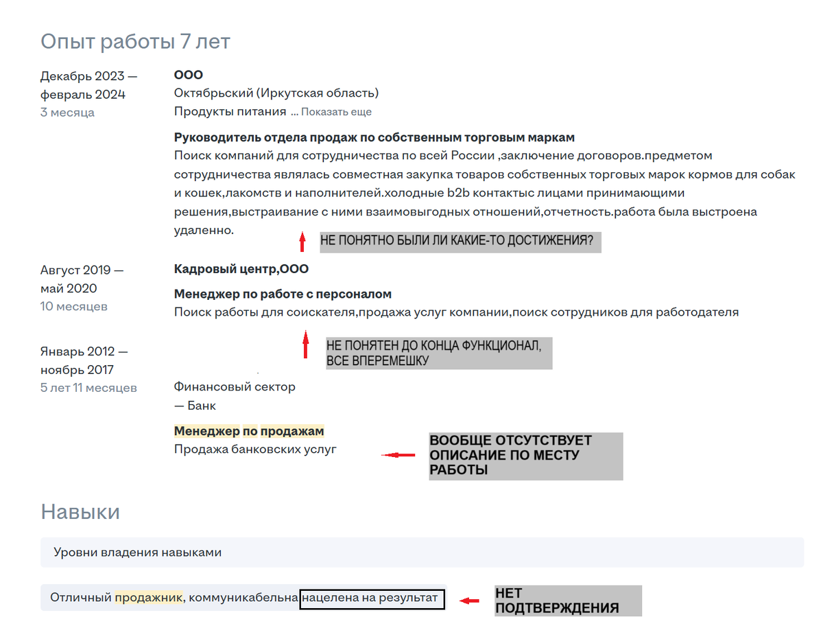 В информации о себе кандидат пишет о нацеленности на результат, но никаких подтверждений этих слов в резюме нет. Мало просто написать о чем-то, при составлении резюме важно подтвердить и посветить ваши сильные стороны. Если вы пишете, что ориентированы на результат, то тогда нужно указывать реальные результаты на каждой позиции, в противном случае это вызывает вопросы.