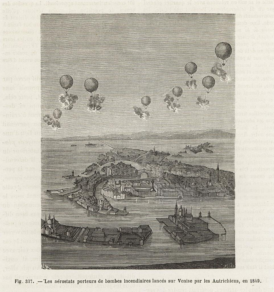 Бомбардировка Венеции австрийцами в 1849 году. Да, это первые "БПЛА".