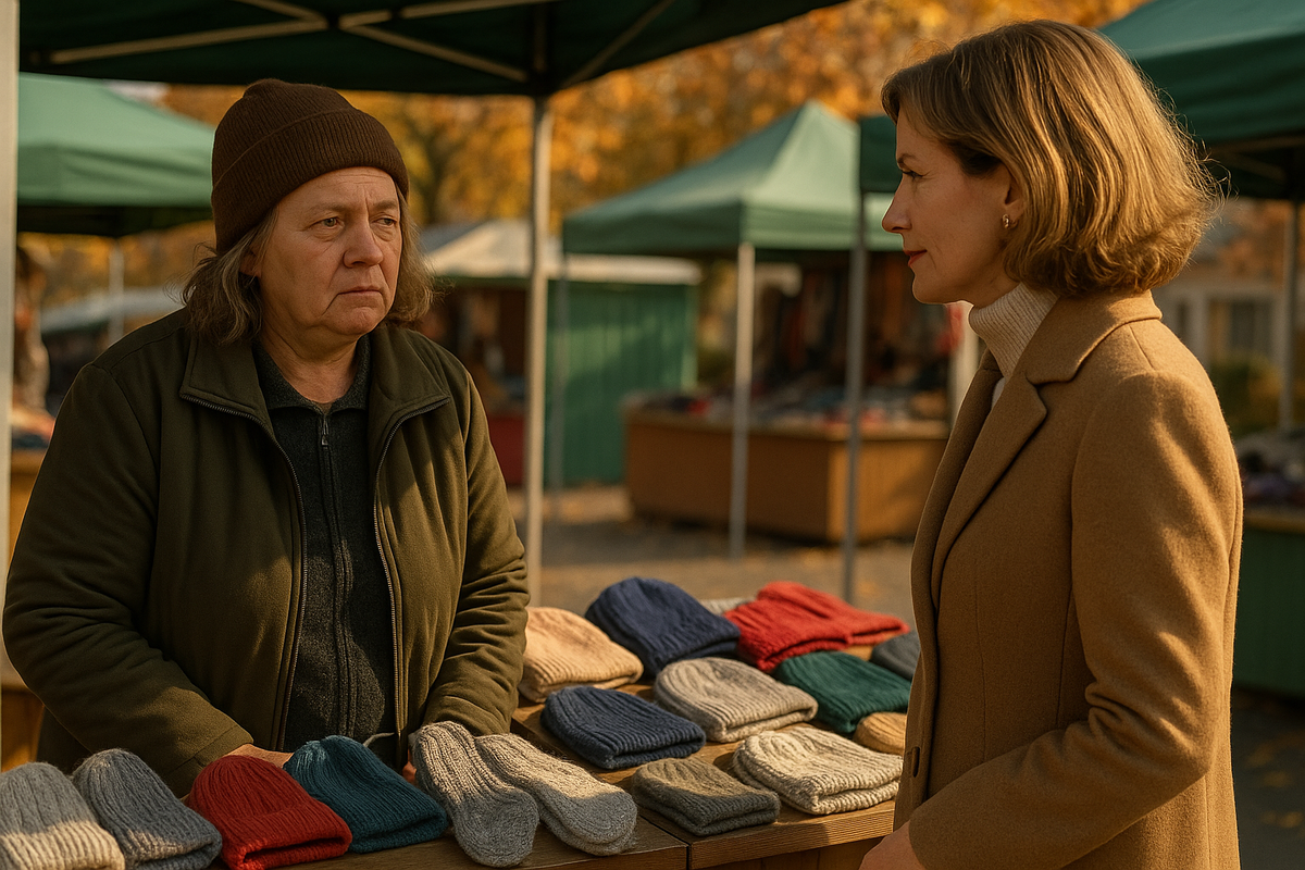 Алевтина стояла у лотка,  торговала вязаными носками и шапками. Серо-жёлтая, как старое фото в дешёвой рамке. Зубы цвета жженого сахара, кожа – землистая, будто присыпанное пеплом...