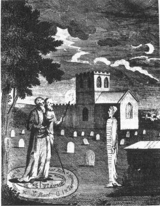 Эдвард Келли и Пол Уоринг в ходе некромантического обряда (Уивер, «Надгробные памятники»). Маги стоят во внутренней части двойного магического круга. Во внешнее кольцо круга вписаны божественные имена, а внутренняя часть круга разделена на четыре части, содержащие имена и сигилы духов.