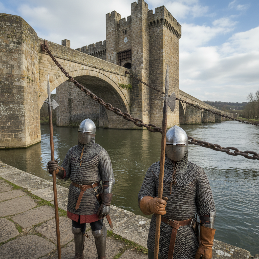 Охрана моста получает инструктаж от офицера.