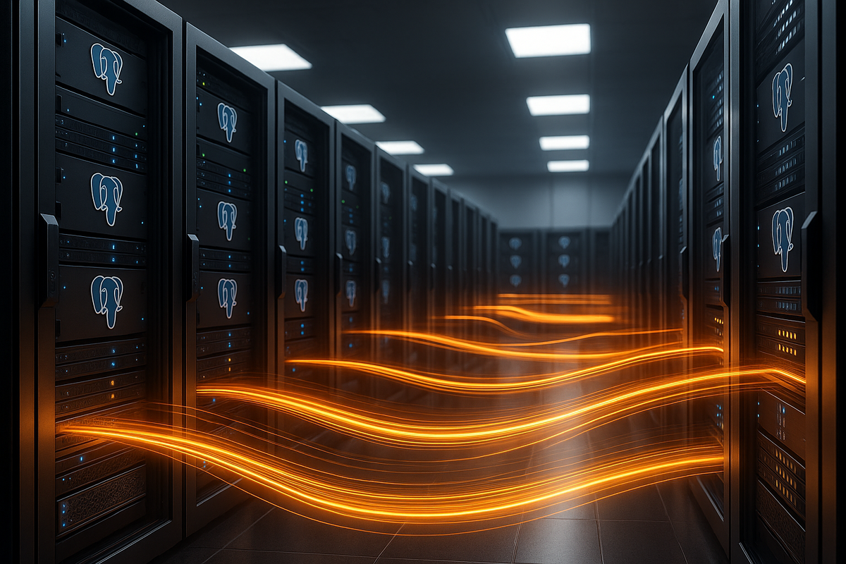 Современный дата-центр: стойки серверов PostgreSQL, между которыми струятся яркие оранжевые «потоки данных», символизирующие ускоренное чтение дисков благодаря асинхронному вводу-выводу в Postgres 18.