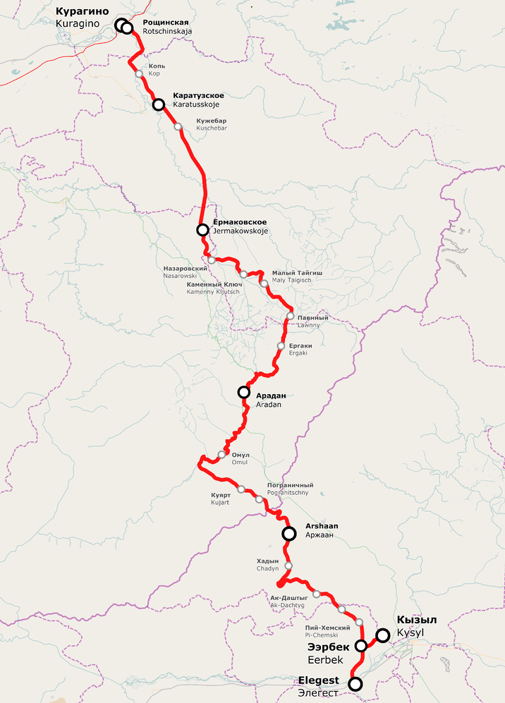© Wikimedia Commons / CC BY-SA 2.0 (Карта железнодорожной линии Элегест – Кызыл – Курагино)