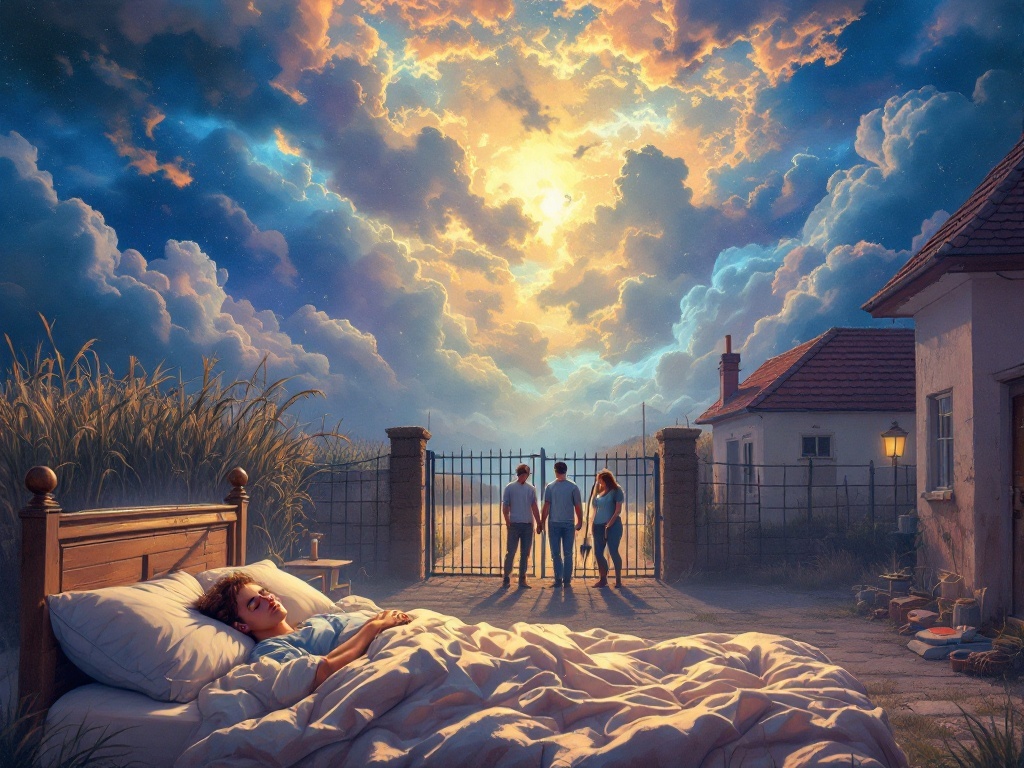    К чему такое снится: На картине изображены три человека перед калиткой во дворе: мужчина с лопатой, друг и его жена. Справа от них видна временная постройка и домик, слева - хозяйственна