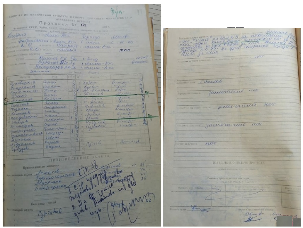 Протокол встречи дублирующих составов "Кайрат" (Алма-Ата) - "Торпедо" (Москва). Фотокопию предоставил Н.И. Владимирцев. См. ГА РФ. Ф. Р-7576. Оп. 34. Д. 1179. Л. 41 и об. Коллаж автора ИстАрх.