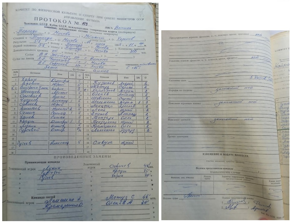 Протокол встречи дублирующих составов "Торпедо" (Москва) - "Металлист" (Харьков). Фотокопию предоставил Н.И. Владимирцев. См. ГА РФ. Ф. Р-7576. Оп. 34. Д. 1179. Л. 75 и об. Коллаж автора ИстАрх.