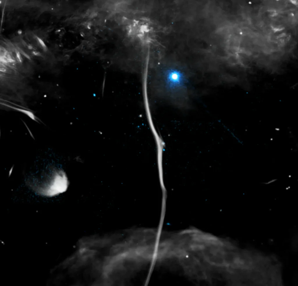 Расположенная в центре Млечного Пути структура G359.13. Ее протяженность составляет 230 световых лет. Источник: X-ray: NASA/CXC/Northwestern Univ./F. Yusef-Zadeh et al; Radio: NRF/SARAO/MeerKat; Image Processing: NASA/CXC/SAO/N. Wolk