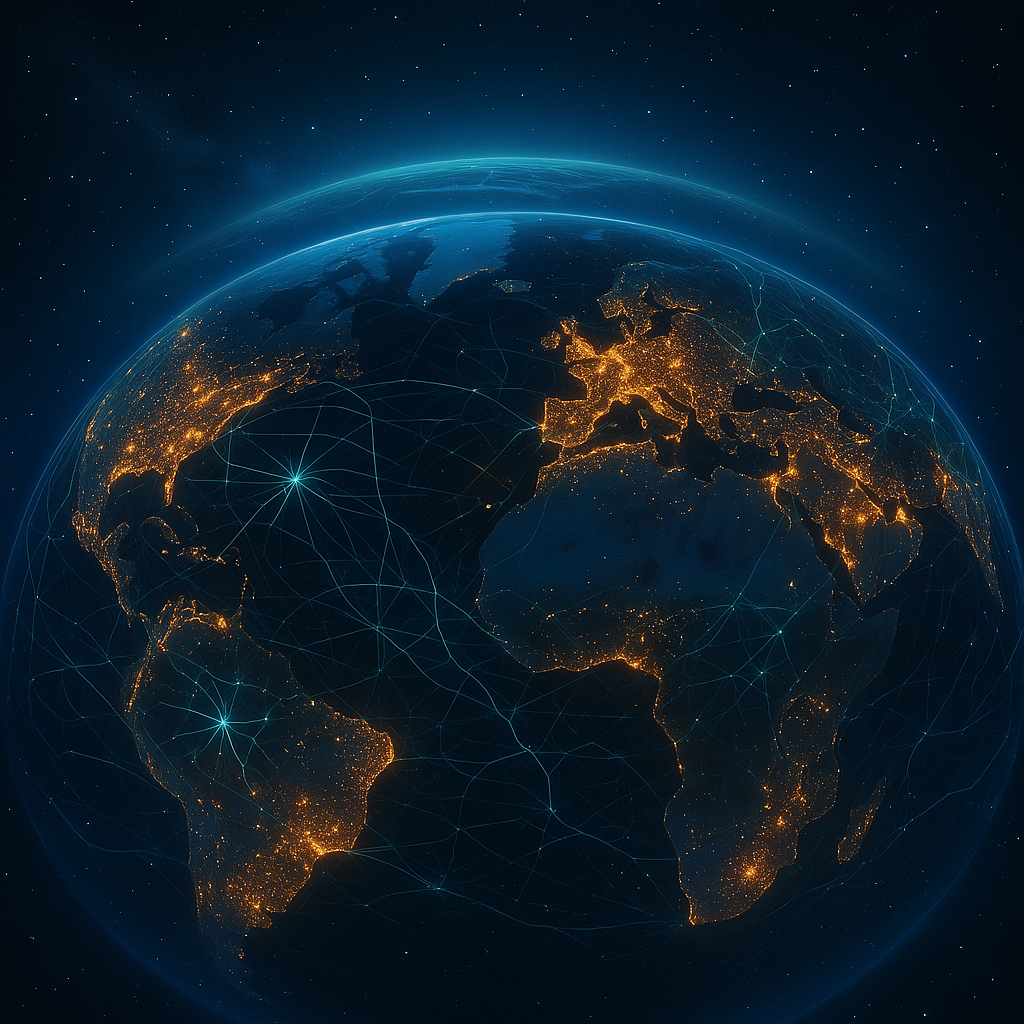 Земля, покрытая светящейся нейросетью, как символ разума, охватившего планету.