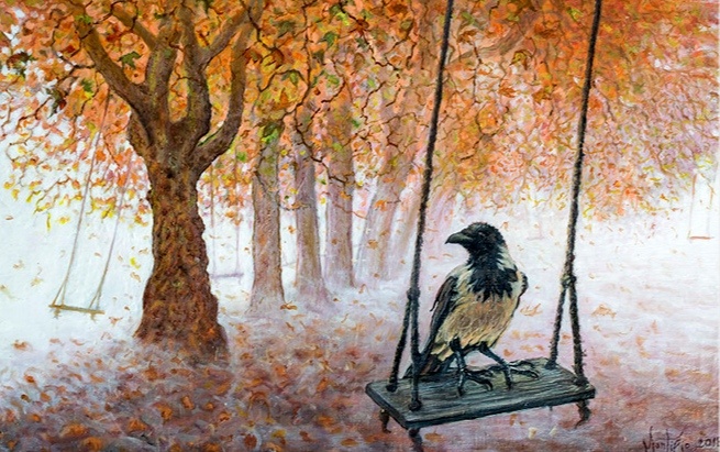 " Сорока на качелях ". Картина сербского художника Саши Мантильо.