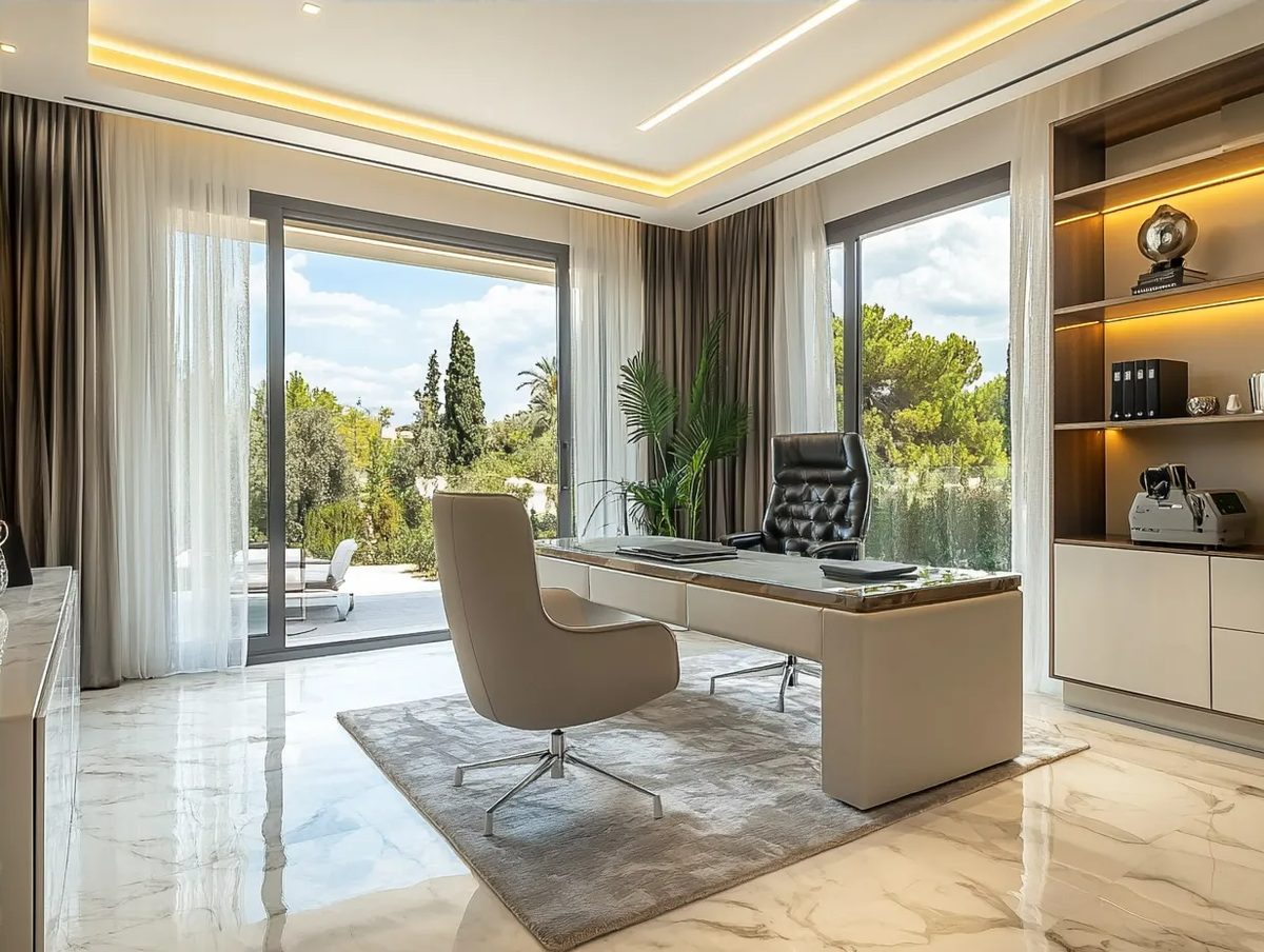 Рабочий кабинет в доме с выходом на террасу