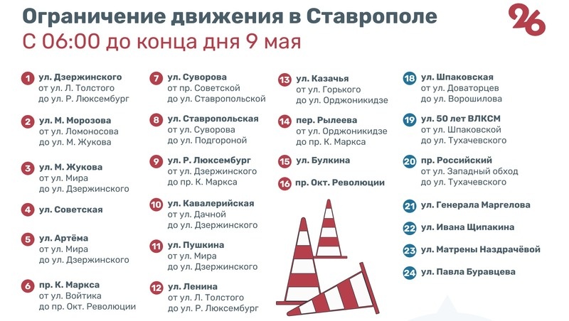    Список улиц Ставрополя, где будет ограничено движение 9 мая Фото: Алина Гулиян / / ИА «Победа26»