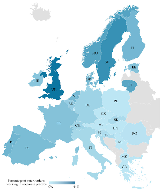 На рисунке показан процент ветеринарных врачей, работающий в корпорациях в странах Европы. Больше всего корпорации в ветеринарной сфере представлены в Англии, где в них работают 44% всех ветеринарных специалистов. Интересно, чтобы сказал об этом James Herriot?